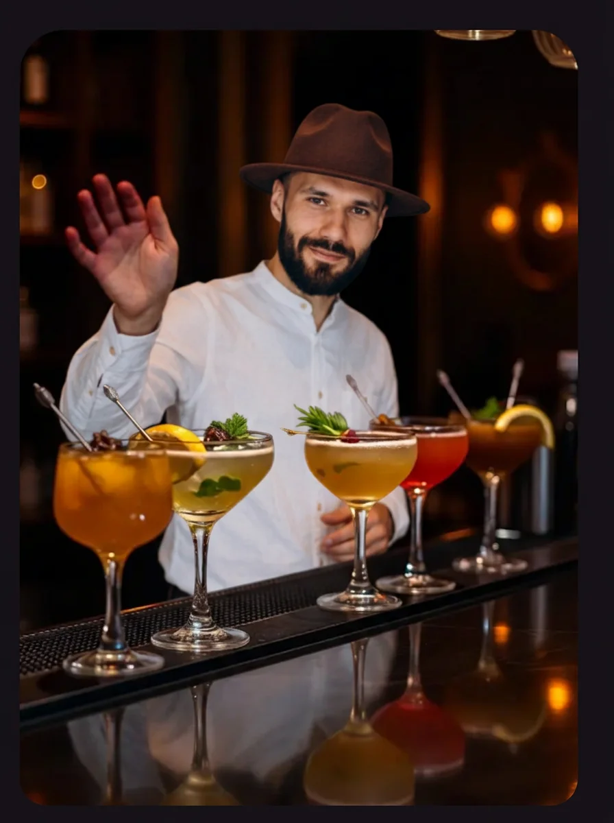 Bartender moderno con sombrero fedora saludando tras una fila de cócteles de autor sobre la barra