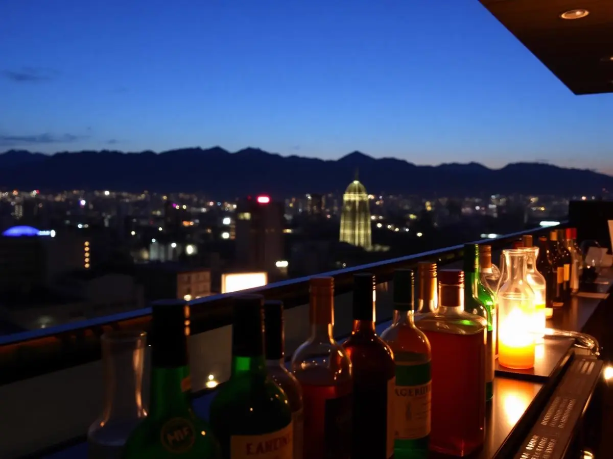 Barra urbana de noche en Santiago con botellas iluminadas y la cordillera insinuada tras las luces de la ciudad