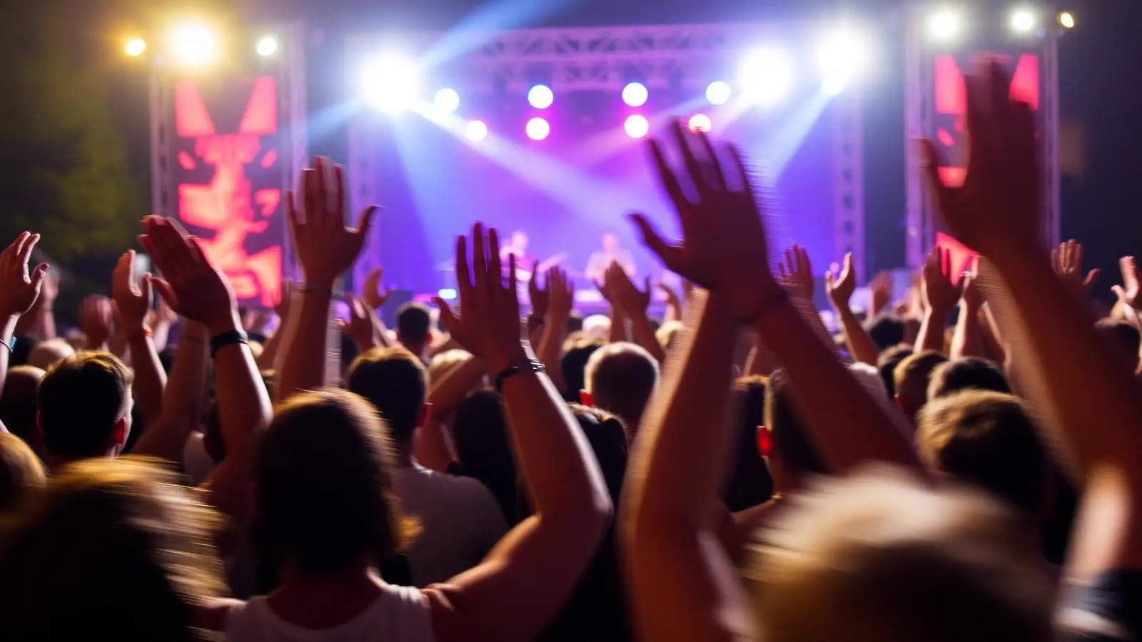 Público celebrando de noche frente al escenario del festival con las manos en alto