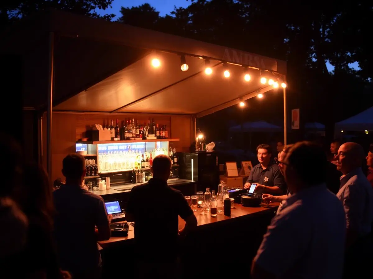 Barra del festival al atardecer con bartenders atendiendo y público esperando su trago — edición 2024 en Santiago