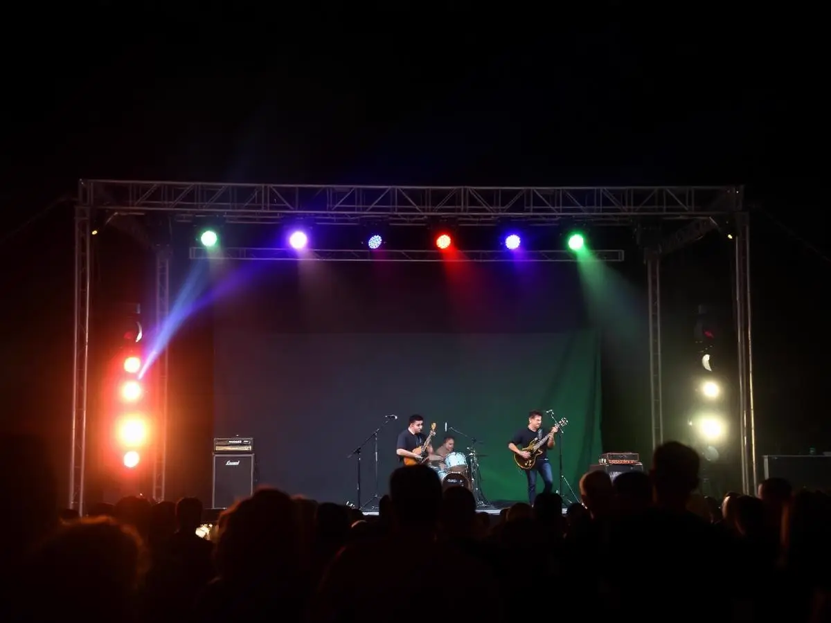 Banda tocando en vivo en el escenario del festival de noche con luces de colores — edición 2023 en Concón