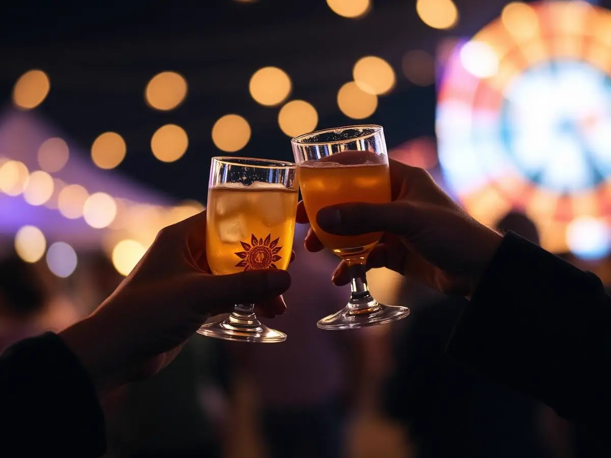 Dos personas brindando con sus cócteles de noche entre luces cálidas — edición 2023 en Santiago