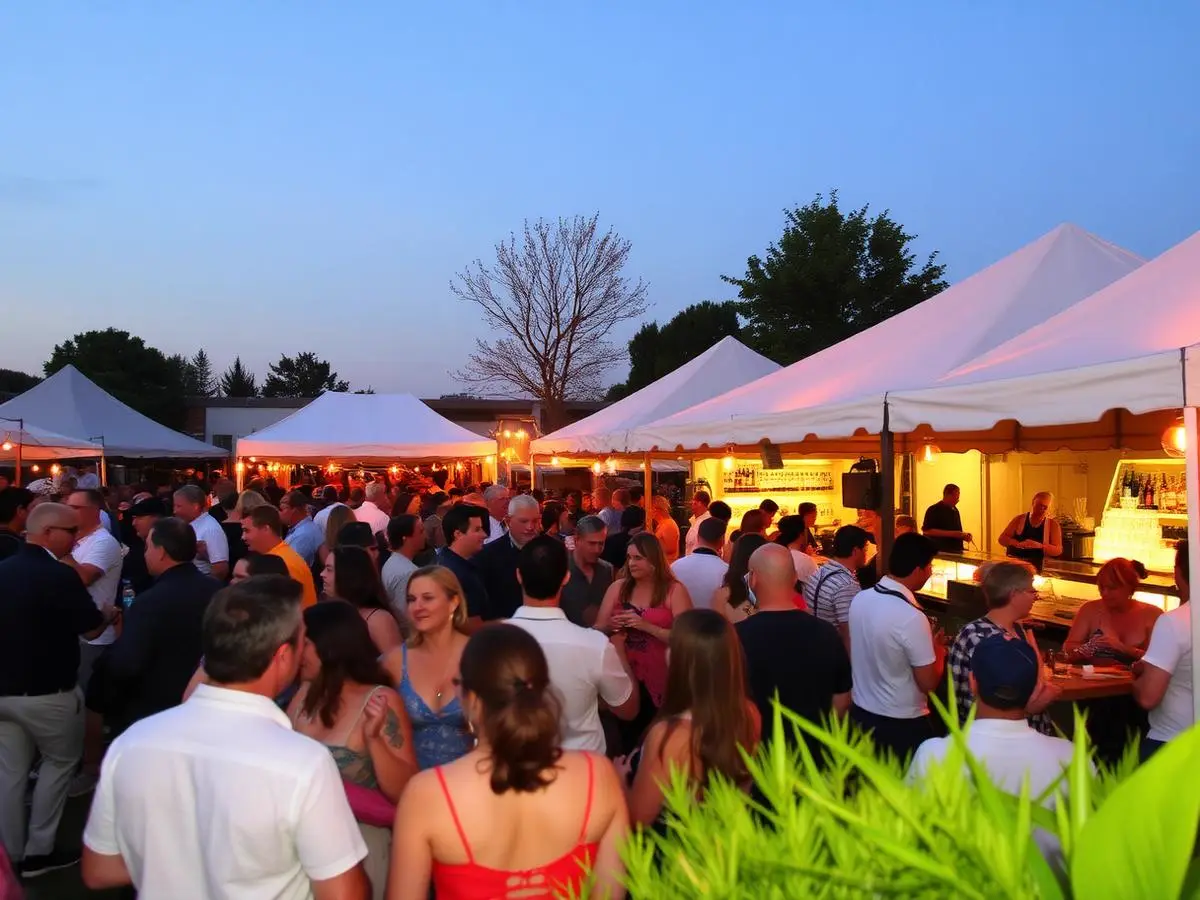 Público recorriendo la feria de marcas del festival al atardecer entre carpas y barras — edición 2022 en Puerto Varas
