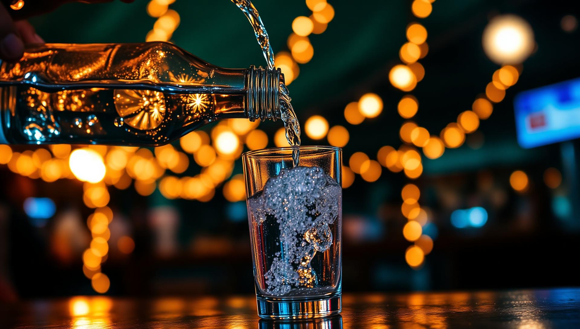 Agua sirviéndose de una botella de vidrio a un vaso con hielo sobre la barra del festival de noche, con luces cálidas desenfocadas de fondo