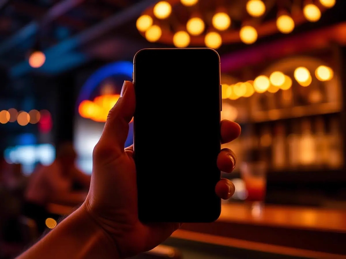 Mano sosteniendo un teléfono frente a la barra del festival, con las luces cálidas de fondo