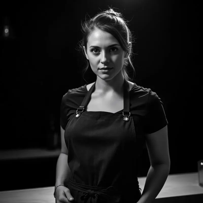 Retrato en blanco y negro de una bartender con delantal tras la barra