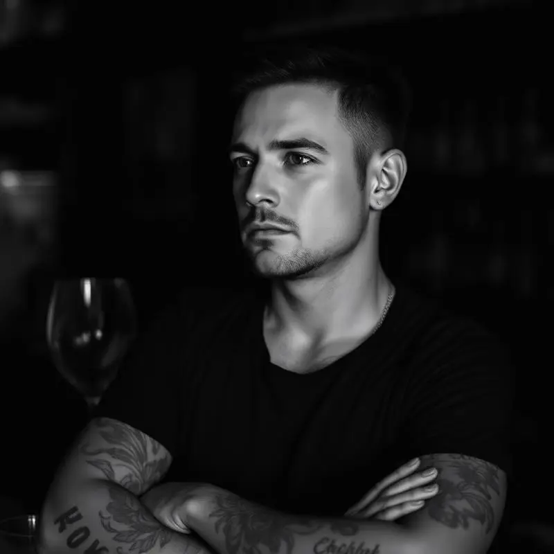 Retrato en blanco y negro de un bartender con tatuajes en los brazos